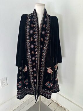 Kyla Seo Black Velvet Boho Embroidered Longline Cardigan Size Small